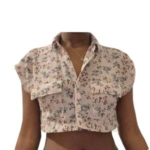 Sheer floral pale pink cropped button up